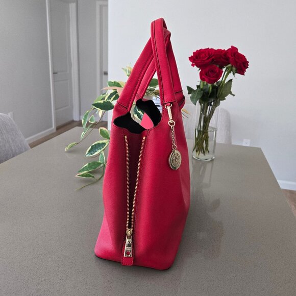 DKNY Red Genuine Leather Zip Side Tote Bag with Pouch Black Interior Gold Logo - Picture 7 of 17